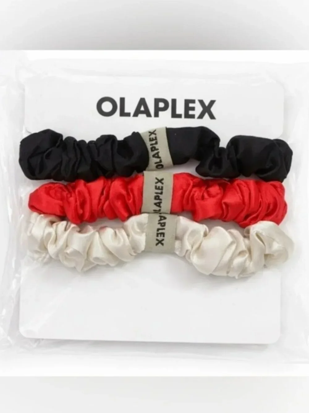Olaplex Set of 3 Satin Scrunchies — Black, Red, Cream BRAND NEW